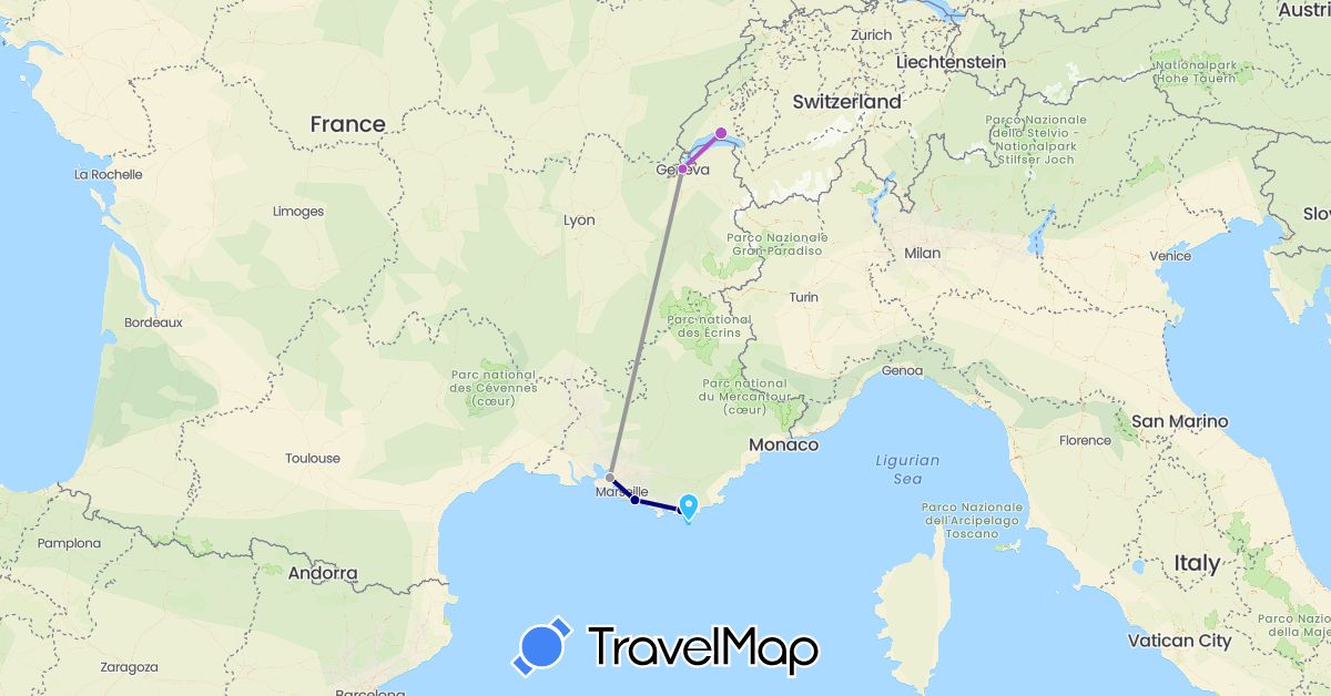 TravelMap itinerary: driving, plane, train, boat in Switzerland, France (Europe)